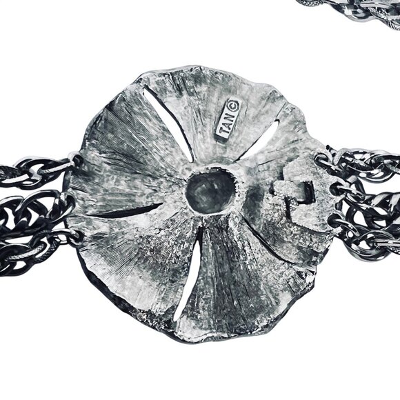 TAN Silver Tone Chunky Triple Strand Necklace With Flower Hook Clasp (5635) - Picture 5 of 7